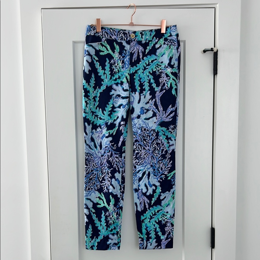 Lilly Pulitzer Navy and Aqua Leaf Print Pants